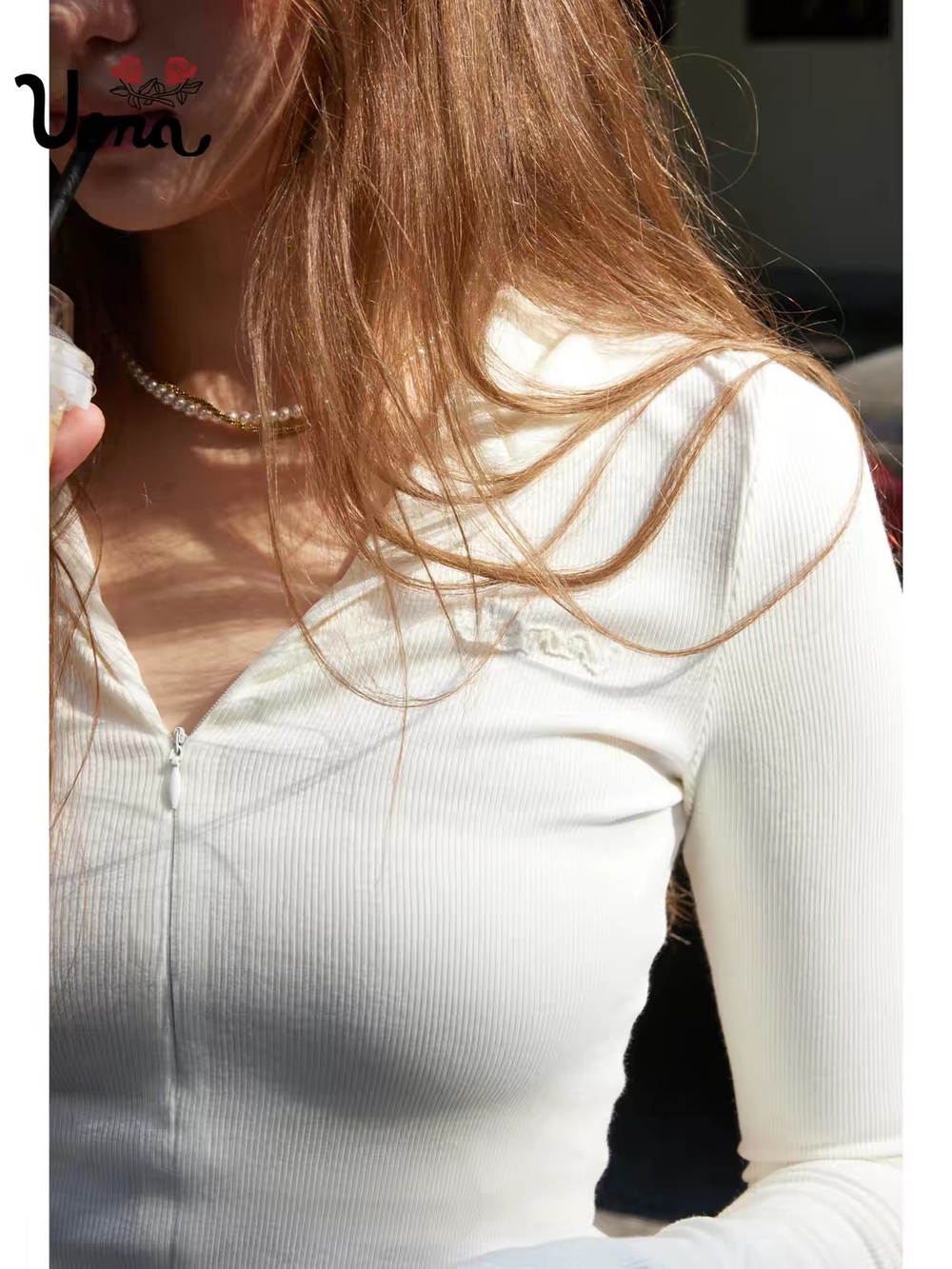 Ribbed Cream Zip-Front Long Sleeve Top
